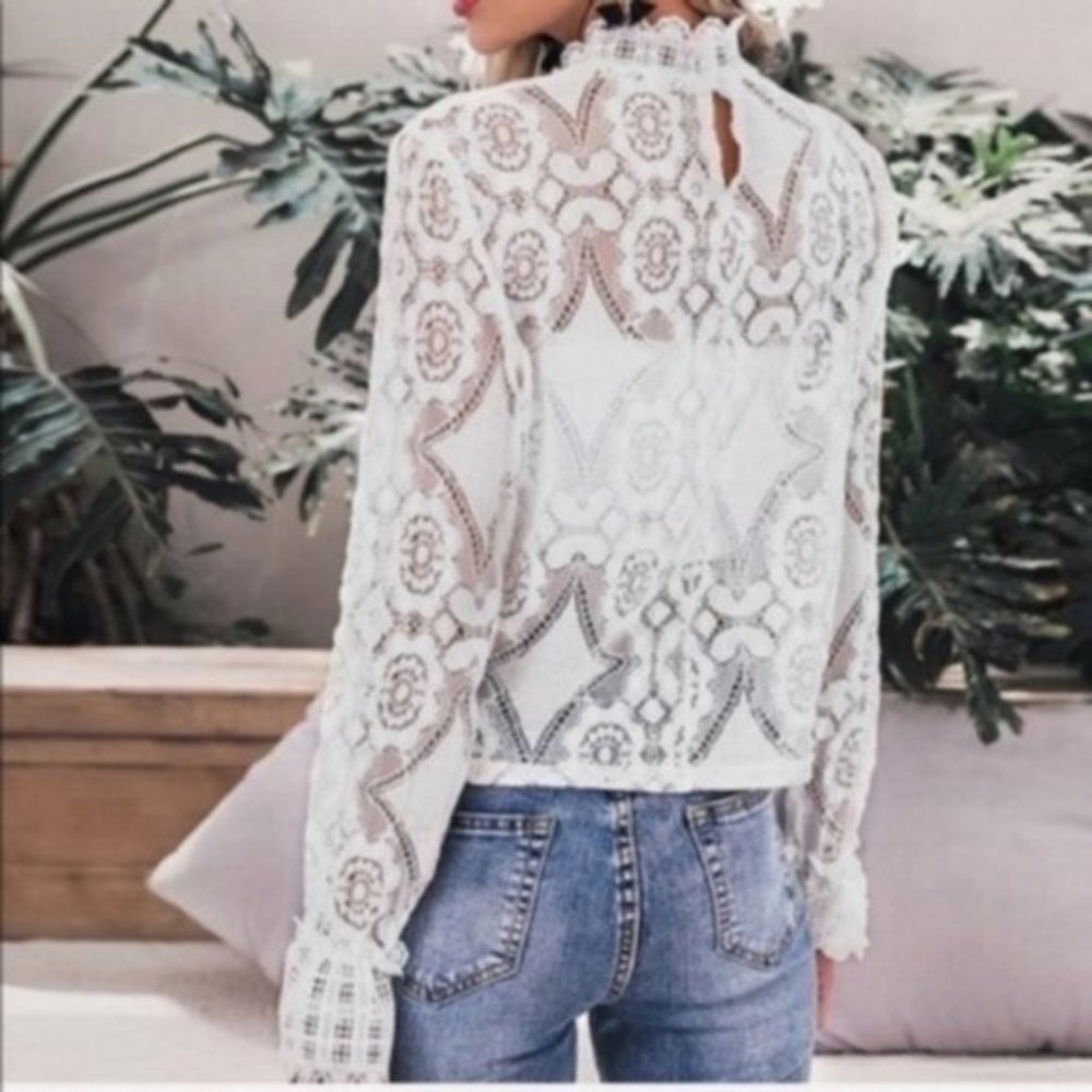 Boho Long Sleeve Stand Collar Lace Blouse White - Picture 4 of 8